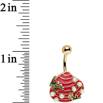 BodyCandy White Orb Gold PVD Red and Green Seashell Belly Ring — detail close-up