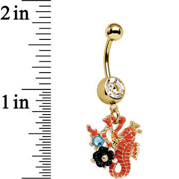 BodyCandy Clear Aqua Gem Gold PVD Orange Black Flower Seahorse Dangle Belly Ring — detail close-up