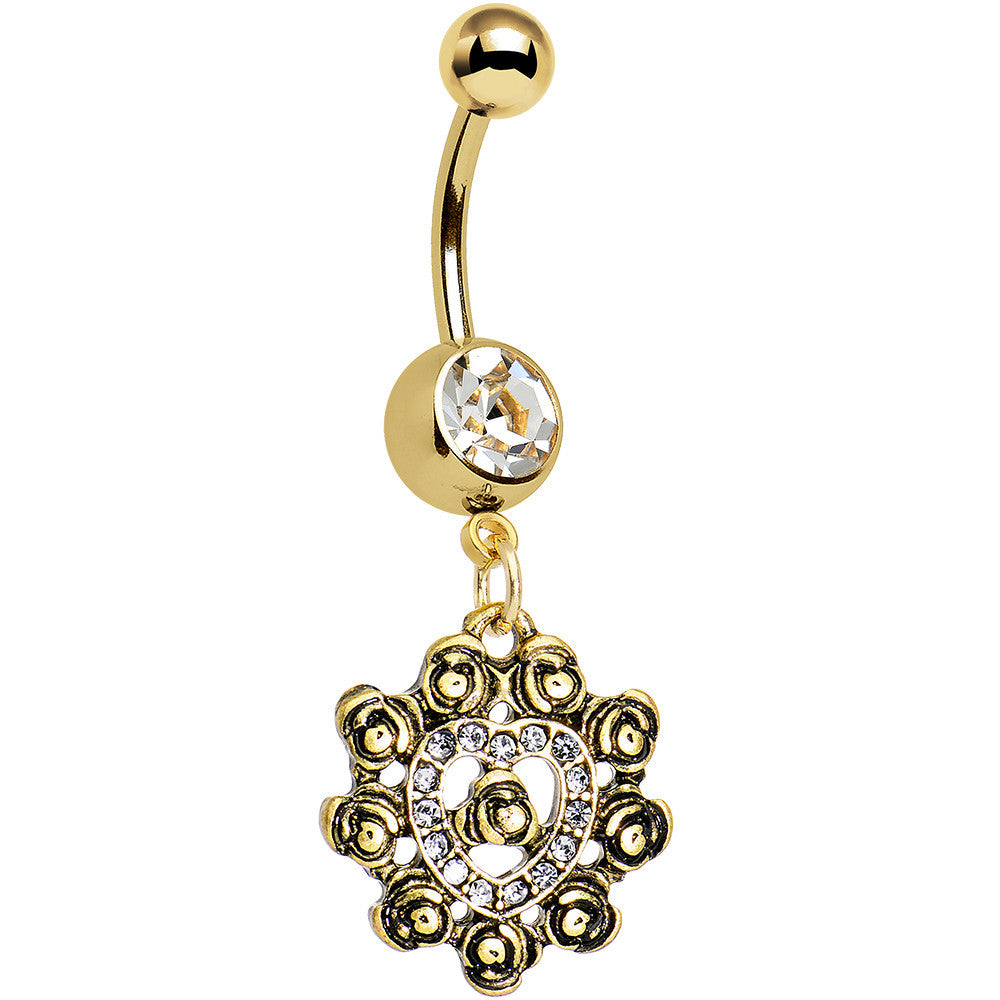 BodyCandy Clear Gem Rose Gold Anodized Rose Flower Frame Heart Dangle Belly Ring — main product shot