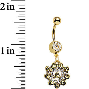 BodyCandy Clear Gem Rose Gold Anodized Rose Flower Frame Heart Dangle Belly Ring — detail close-up