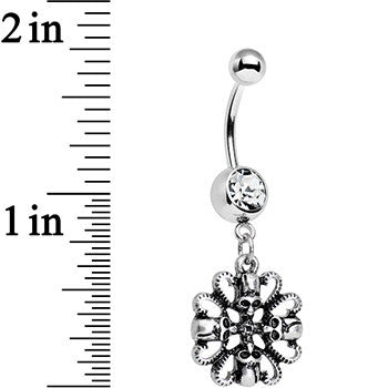 BodyCandy Clear Gem Quadruple Halloween Skull and Snake Dangle Belly Ring — detail close-up