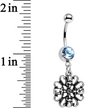 BodyCandy Aqua Gem Halloween Quad Skull and Snake Dangle Belly Ring — detail close-up
