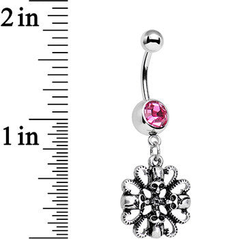 BodyCandy Pink Gem Quadruple Halloween Skull and Snake Dangle Belly Ring — detail close-up