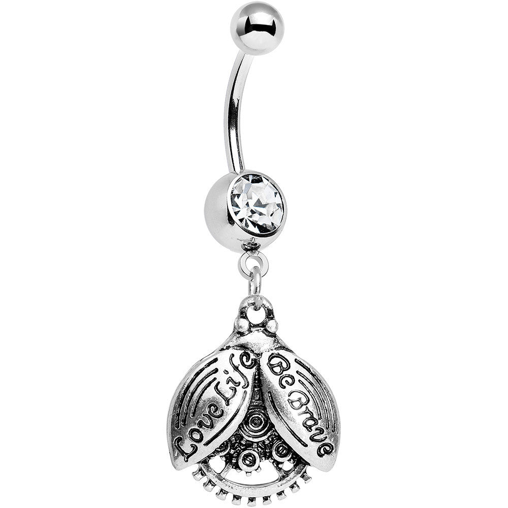 BodyCandy Clear Gem Love Life Be Brave Leaf Steampunk Gears Dangle Belly Ring — main product shot