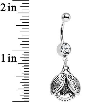 BodyCandy Clear Gem Love Life Be Brave Leaf Steampunk Gears Dangle Belly Ring — detail close-up
