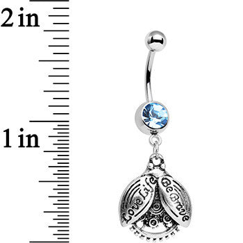 BodyCandy Aqua Gem Love Life Be Brave Leaf Steampunk Gears Dangle Belly Ring — detail close-up