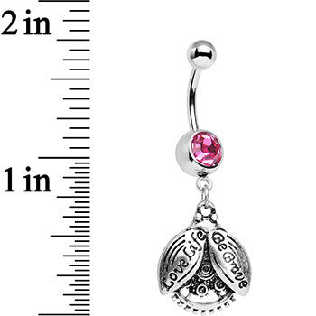 BodyCandy Pink Gem Love Life Be Brave Leaf Steampunk Gears Dangle Belly Ring — detail close-up