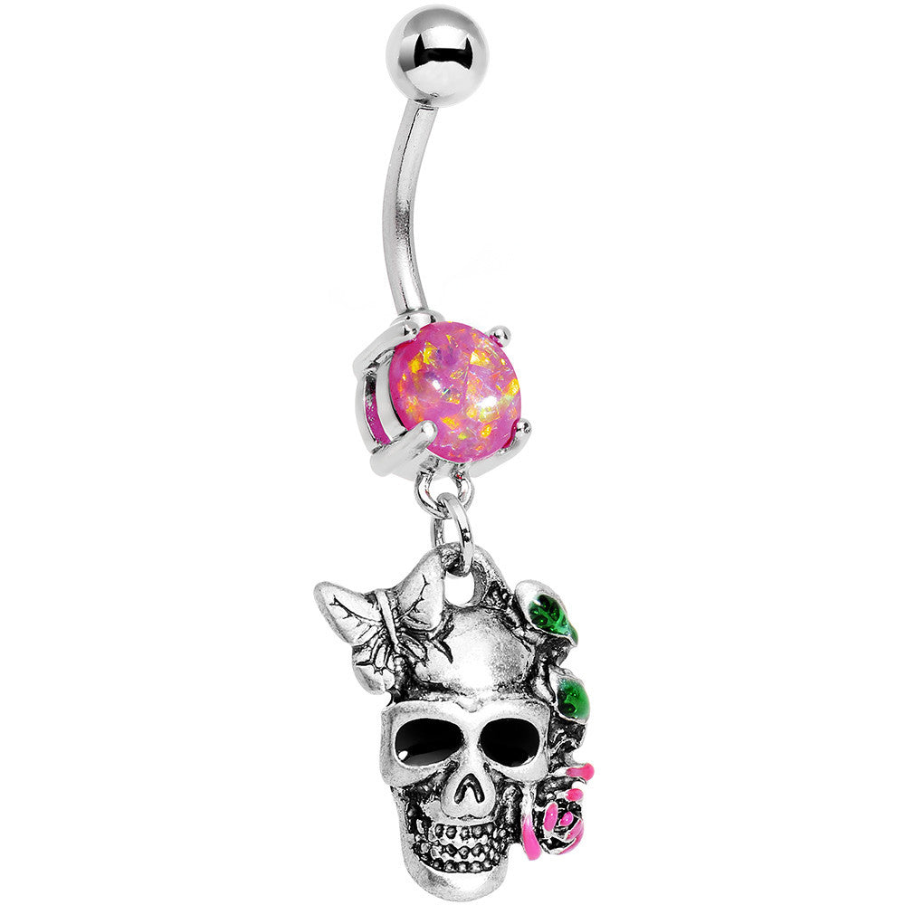 BodyCandy Pink Faux Opal Beautiful Butterfly Rose Flower Skull Dangle Belly Ring — main product shot