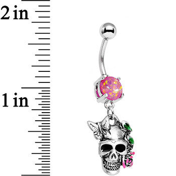 BodyCandy Pink Faux Opal Beautiful Butterfly Rose Flower Skull Dangle Belly Ring — detail close-up