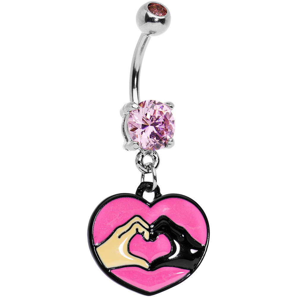 BodyCandy Pink Gem Coexist Pink Unity Heart Hands Dangle Belly Ring — main product shot