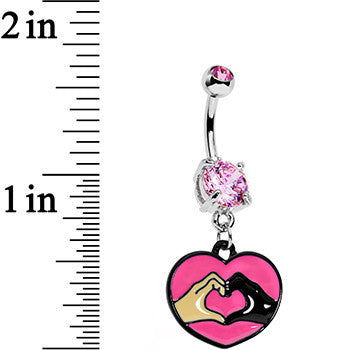 BodyCandy Pink Gem Coexist Pink Unity Heart Hands Dangle Belly Ring — detail close-up