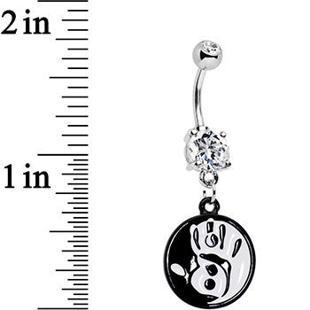 BodyCandy Clear Gem Coexist Black and White Hand Yin Yang Dangle Belly Ring — detail close-up