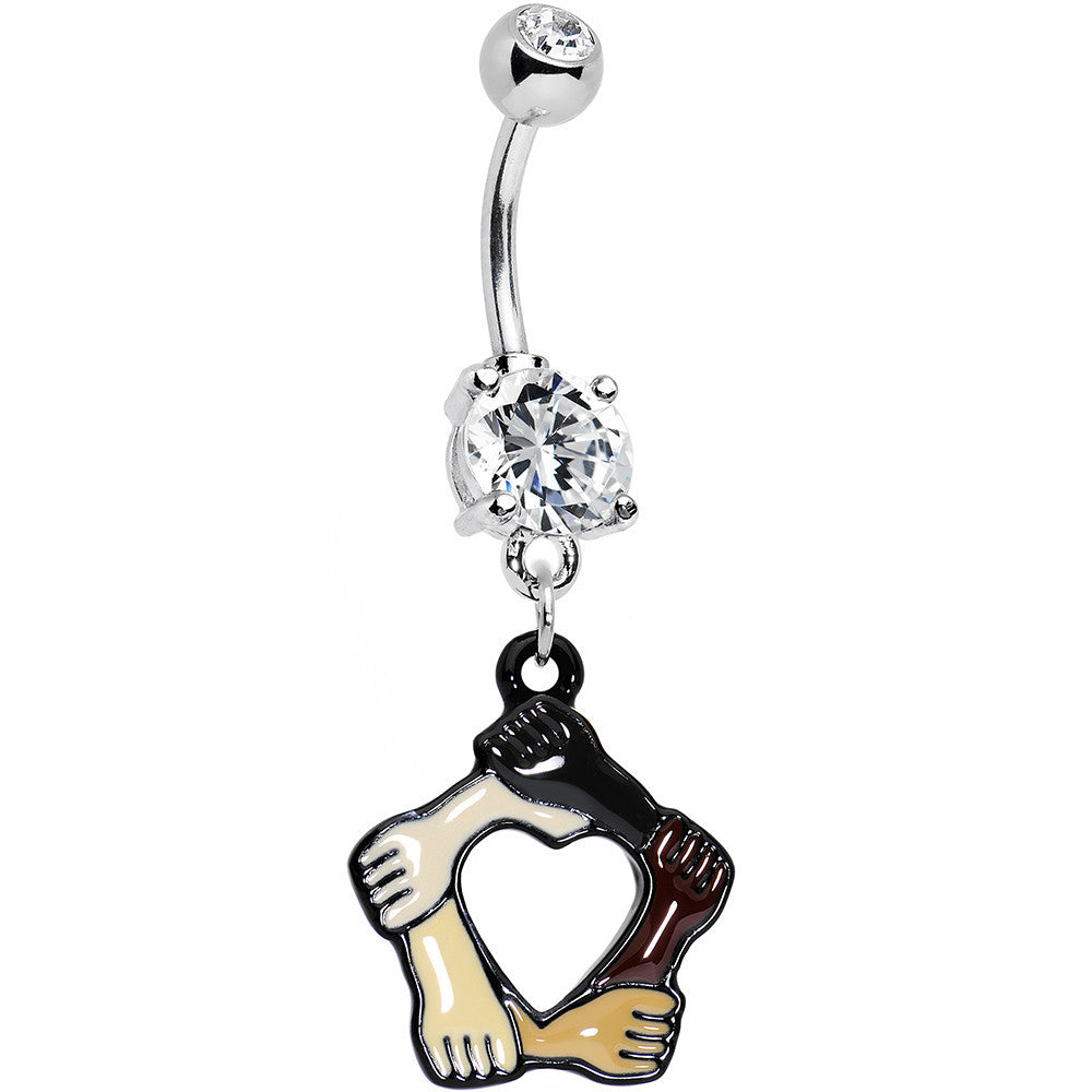 BodyCandy Clear Gem Coexist No Boundaries Linking Arms Heart Dangle Belly Ring — main product shot