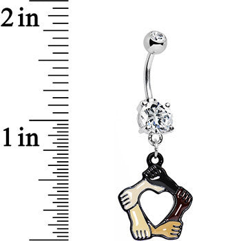 BodyCandy Clear Gem Coexist No Boundaries Linking Arms Heart Dangle Belly Ring — detail close-up