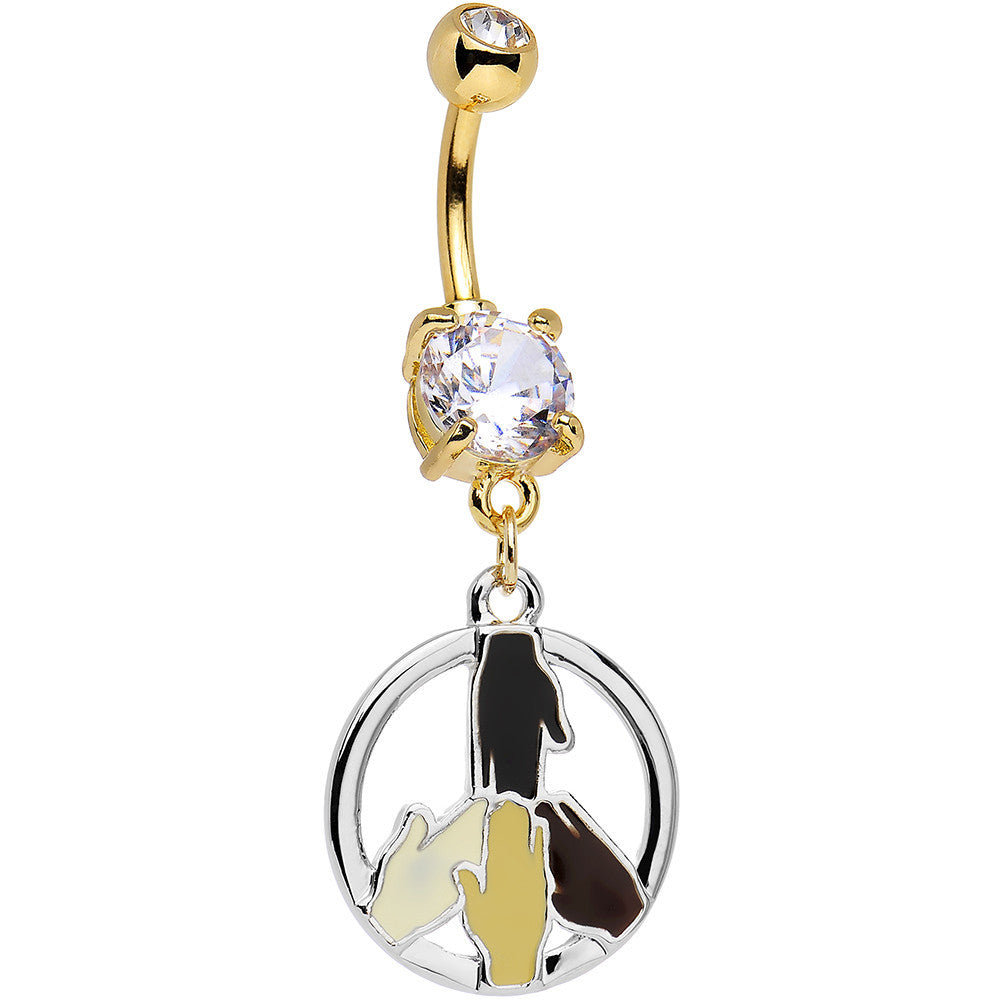BodyCandy Clear Gem Gold PVD All Hands in For Peace Sign Dangle Belly Ring — main product shot