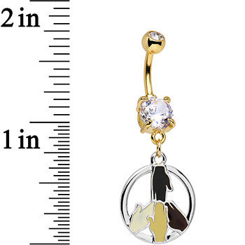 BodyCandy Clear Gem Gold PVD All Hands in For Peace Sign Dangle Belly Ring — detail close-up