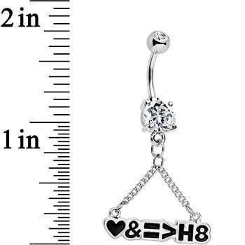 BodyCandy Clear Gem Love and Equality Over Hate Banner Heart Dangle Belly Ring — detail close-up