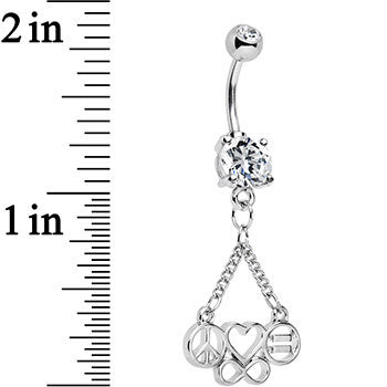 BodyCandy Clear Gem Peace Sign Heart Love Equality Infinity Dangle Belly Ring — detail close-up