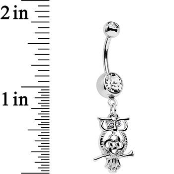 BodyCandy Clear Gem Celtic Knot Perched Owl Dangle Belly Ring — detail close-up
