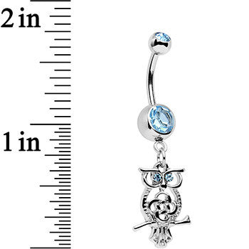 BodyCandy Aqua Blue Gem Celtic Knot Perched Owl Dangle Belly Ring — detail close-up