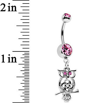 BodyCandy Pink Gem Celtic Knot Perched Owl Dangle Belly Ring — detail close-up