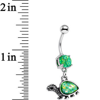 BodyCandy Green Faux Opal Traipsing Turtle Dangle Belly Ring — detail close-up