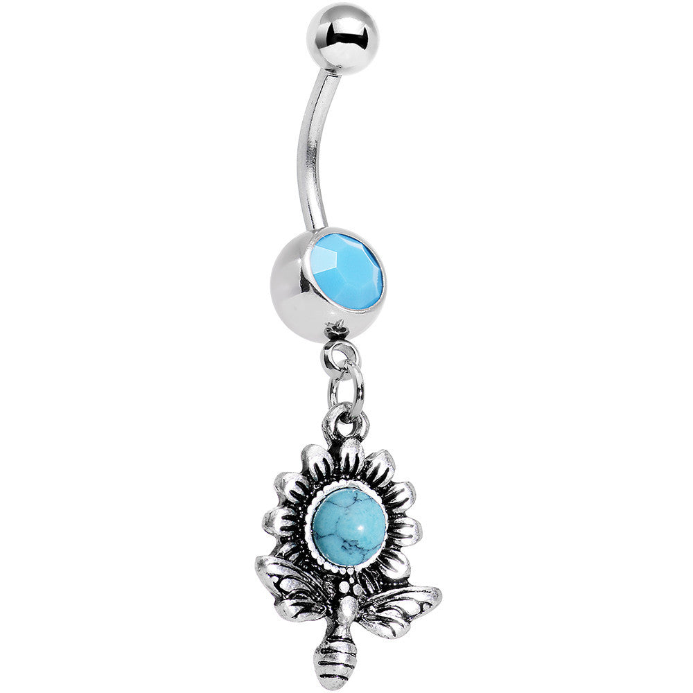 BodyCandy Faux Turquoise Buzzing Bee Favorite Flower Dangle Belly Ring — main product shot