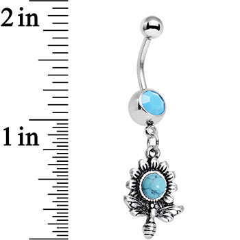 BodyCandy Faux Turquoise Buzzing Bee Favorite Flower Dangle Belly Ring — detail close-up