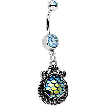 BodyCandy Aqua Gem Iridescent Blue Green Mermaid Scales Dangle Belly Ring — detail close-up