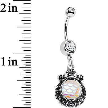 BodyCandy Clear Gem Iridescent White Mermaid Scales Dangle Belly Ring — lifestyle context