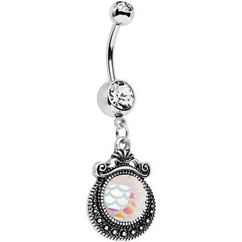 BodyCandy Clear Gem Iridescent White Mermaid Scales Dangle Belly Ring — detail close-up