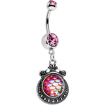 BodyCandy Pink Gem Iridescent Purple Mermaid Scales Dangle Belly Ring — detail close-up