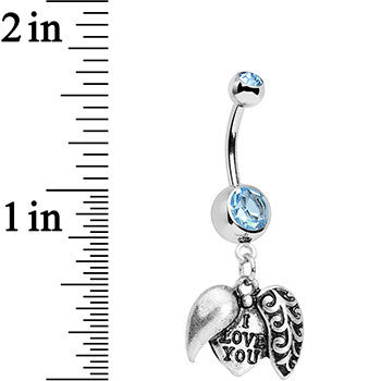 BodyCandy Aqua Blue Gem Paisley Love Locket Heart Dangle Belly Ring — detail close-up