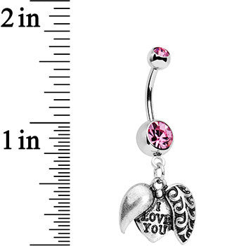 BodyCandy Pink Gem Paisley Love Locket Heart Dangle Belly Ring — detail close-up