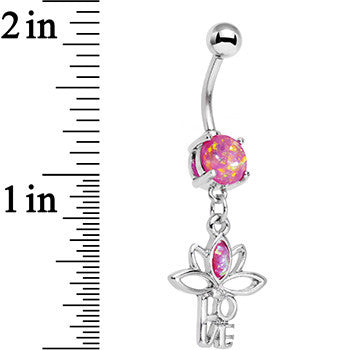 BodyCandy Pink Faux Opal Framework Love Lotus Flower Dangle Belly Ring — detail close-up