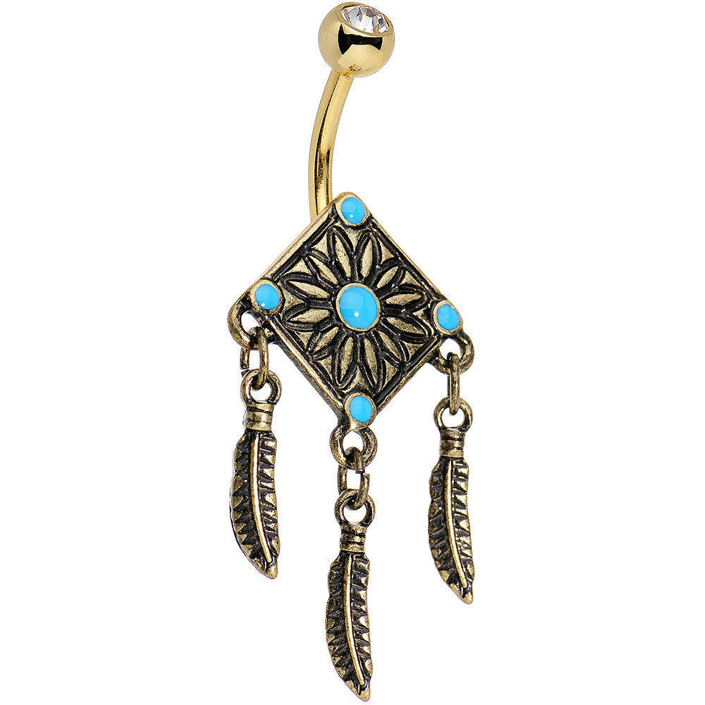 BodyCandy Faux Turquoise Gold Anodized Aztec Feather Dangle Belly Ring — main product shot