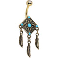BodyCandy Faux Turquoise Gold Anodized Aztec Feather Dangle Belly Ring — main product shot