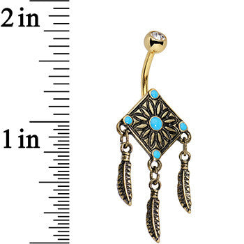 BodyCandy Faux Turquoise Gold Anodized Aztec Feather Dangle Belly Ring — detail close-up
