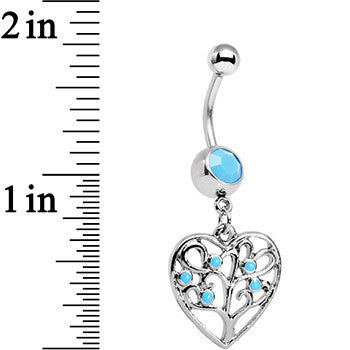 BodyCandy Faux Turquoise Tree of Life Heart Dangle Belly Ring — detail close-up