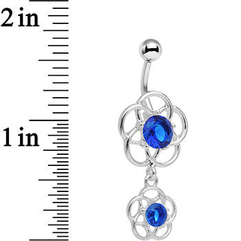 BodyCandy Blue Gem Framework Double Flower Dangle Belly Ring — detail close-up