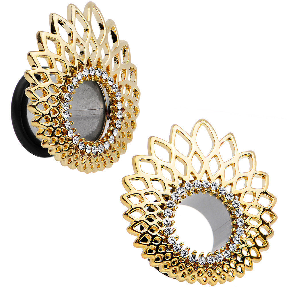 BodyCandy 1/2 Clear Gem Golden Gala Feather Single Flare Tunnel Plug Set — main product shot