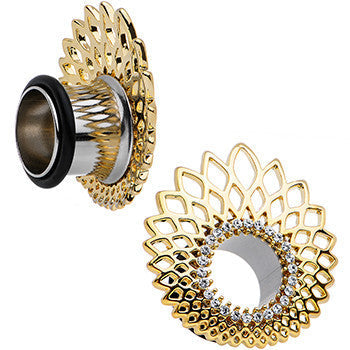 BodyCandy 1/2 Clear Gem Golden Gala Feather Single Flare Tunnel Plug Set — detail close-up