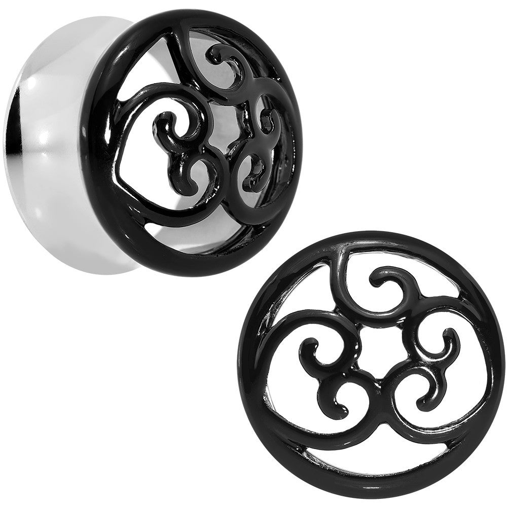 BodyCandy 18mm Steel Black Filigree Duet Heart Saddle Plug Set — main product shot