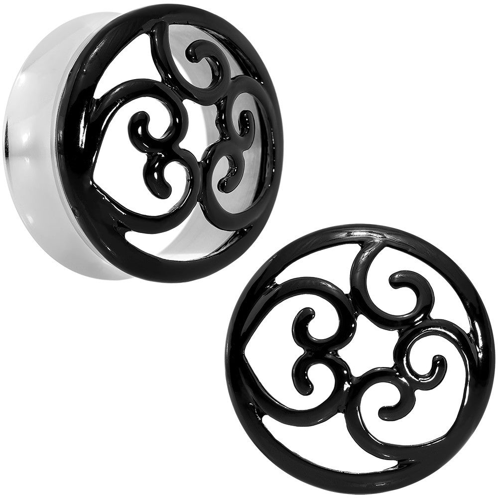 BodyCandy 28mm Steel Black Filigree Duet Heart Saddle Plug Set — main product shot