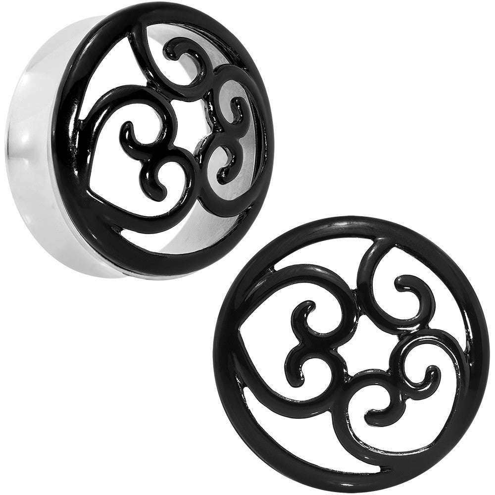 BodyCandy 30mm Steel Black Filigree Duet Heart Saddle Plug Set — main product shot