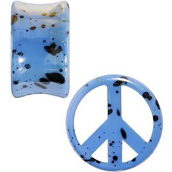 BodyCandy Black Speckled Blue Acrylic Peace Sign Saddle Plug Set Available in Sizes 00G to 20mm — detail close-up