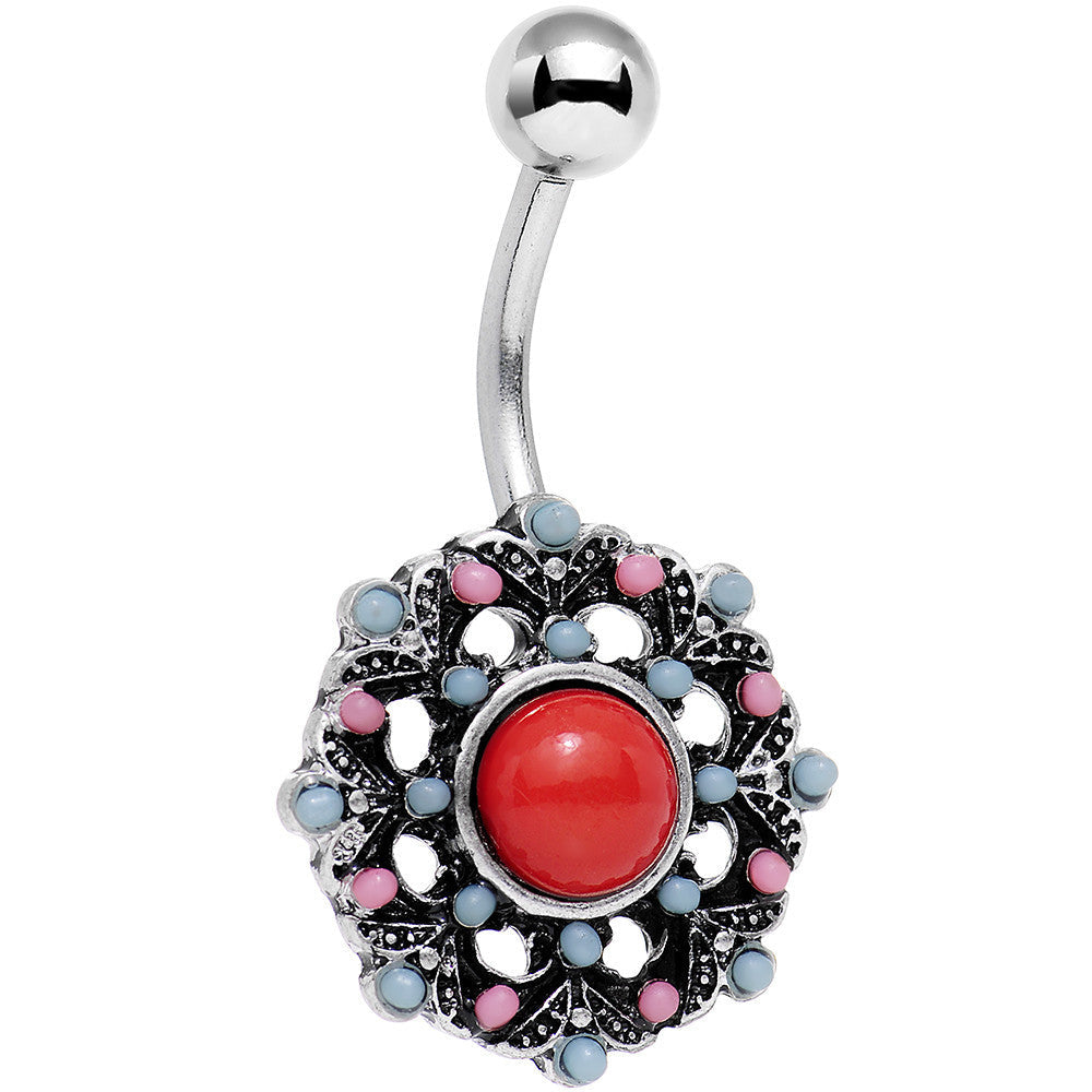 BodyCandy Red Blue Faux Turquoise Southwestern Flower Belly Ring — main product shot