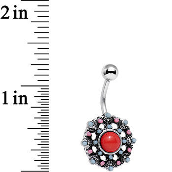 BodyCandy Red Blue Faux Turquoise Southwestern Flower Belly Ring — detail close-up