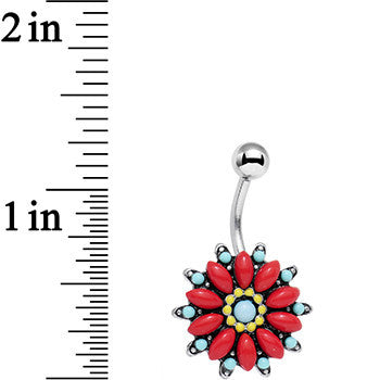 BodyCandy Blue Red Southwestern Holly Holiday Flower Belly Ring — detail close-up