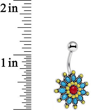 BodyCandy Red Blue Faux Turquoise Southwestern Power Flower Belly Ring — detail close-up